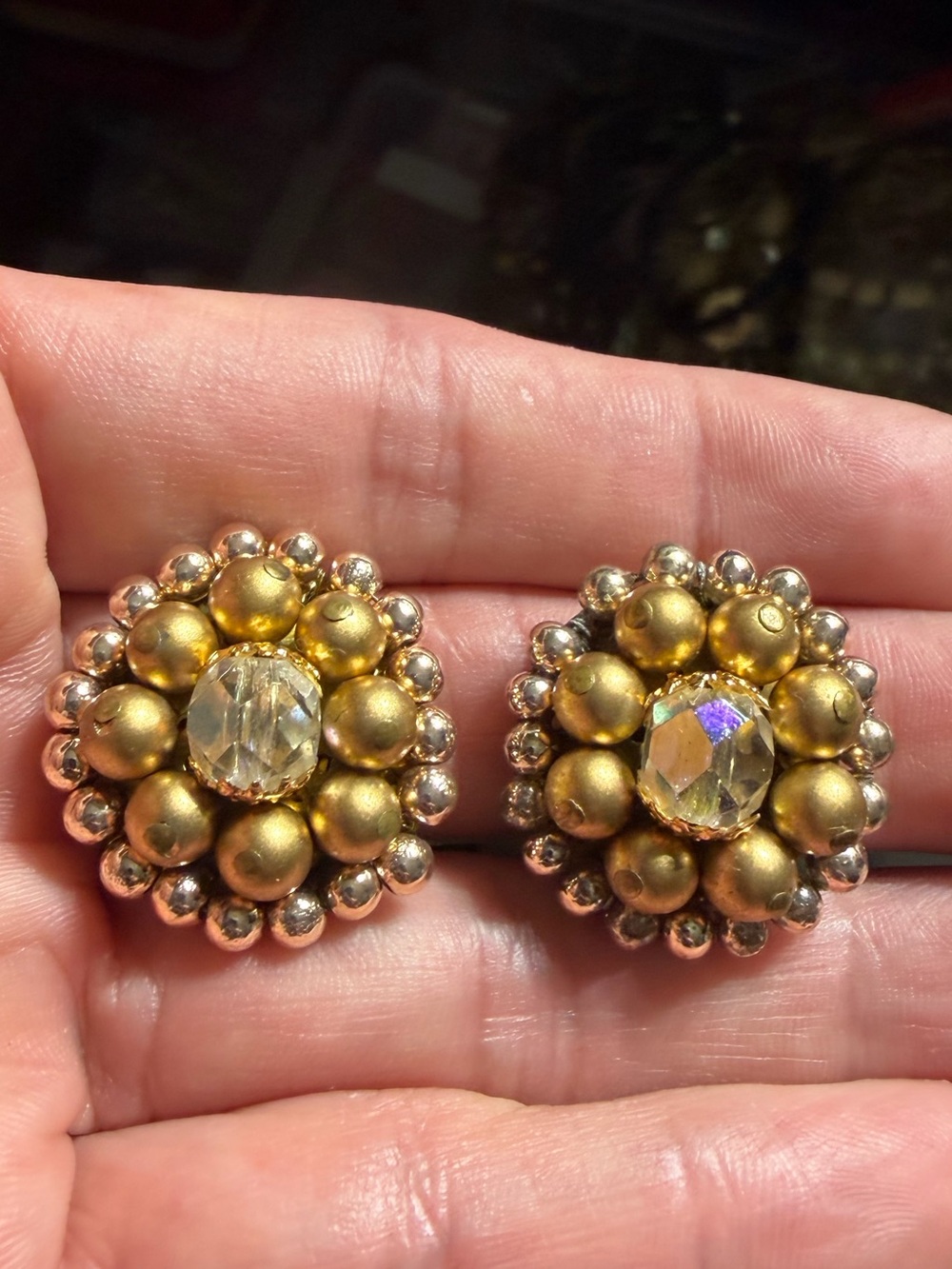 Vintage Japan Gold-Tone Floral Crystal Clip-On Earrings